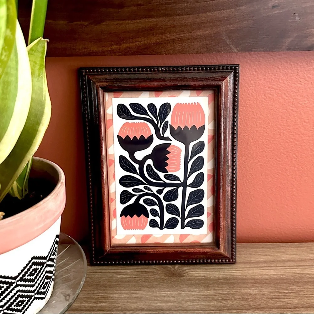 Postcard Framed Art Flowers Vintage Style Faux Wood Frame 6.5x8.5” Boho Retro